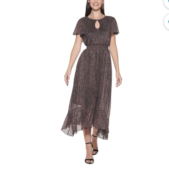 Kensie Dresses & Skirts - Kensie Black and Bronze Metallic Smocked Midi Dress Small